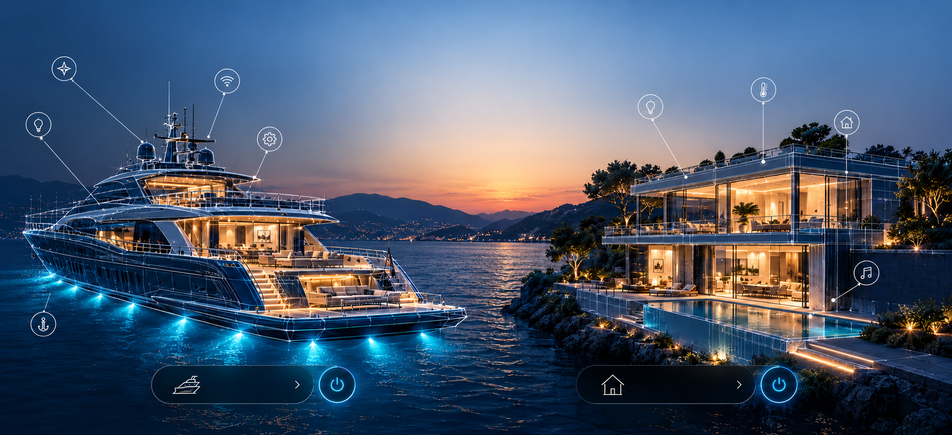 Gün batımında bir yat ve kıyıdaki akıllı villa